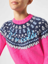 Woman fluo pink crewneck nordic jacquard sweater