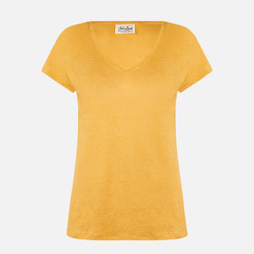 Ockerfarbenes Damen-T-Shirt aus Leinen