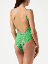 Woman one piece swimsuit with bandanna print