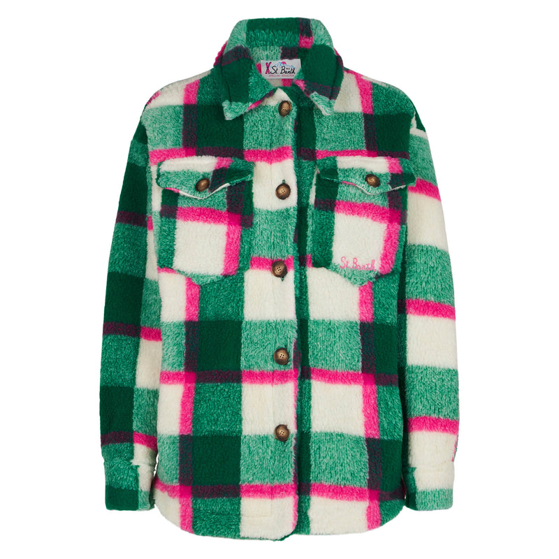 Woman sherpa overshirt with tartan pattern