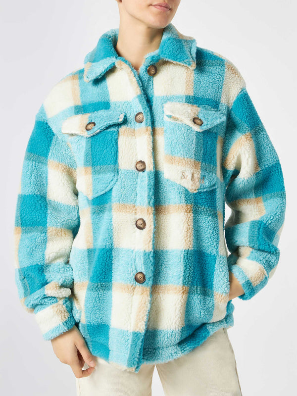 Woman sherpa overshirt with tartan pattern