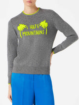 Woman grey sweater yellow fluo I hate mountains embroidery