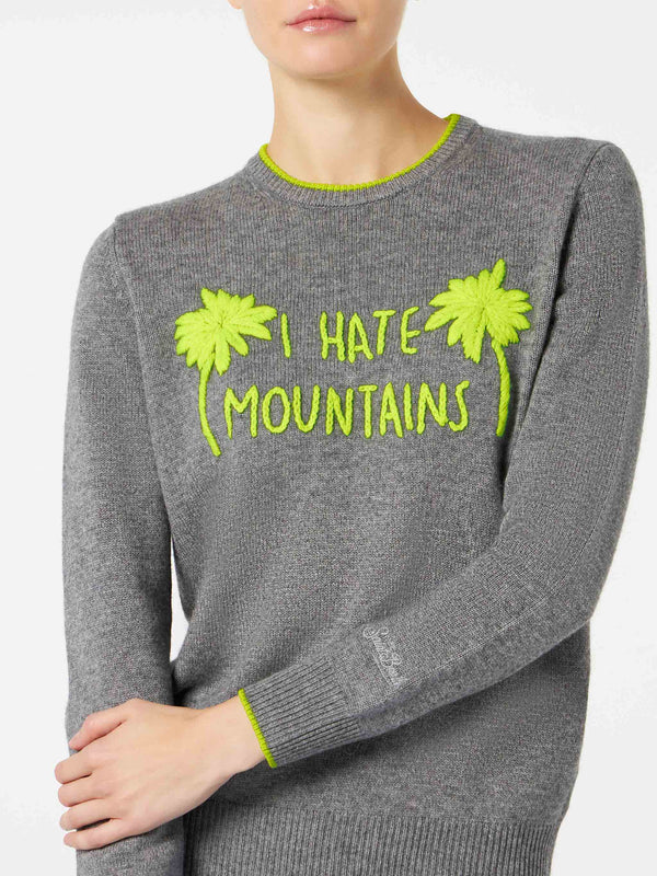 Maglia da donna grigia ricamo I hate mountains giallo fluo 