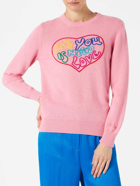 Maglione rosa da donna ricamo All you need is love