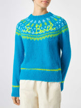 Woman light blue crewneck nordic jacquard sweater