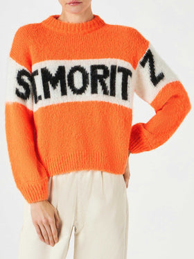 Woman fluo orange brushed crewneck sweater