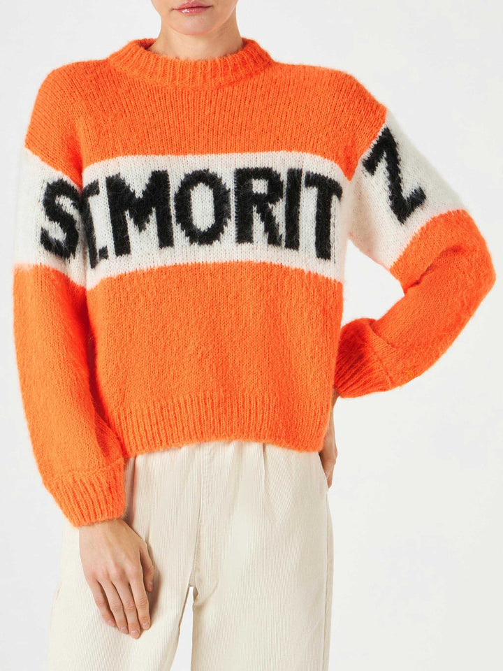 Woman fluo orange brushed crewneck sweater