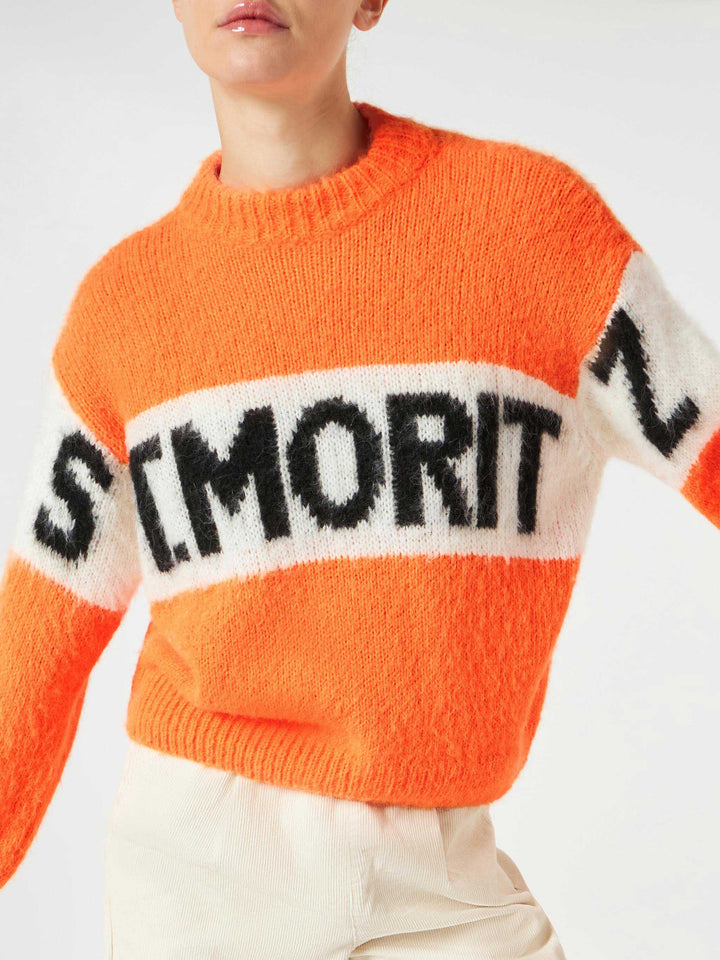 Woman fluo orange brushed crewneck sweater