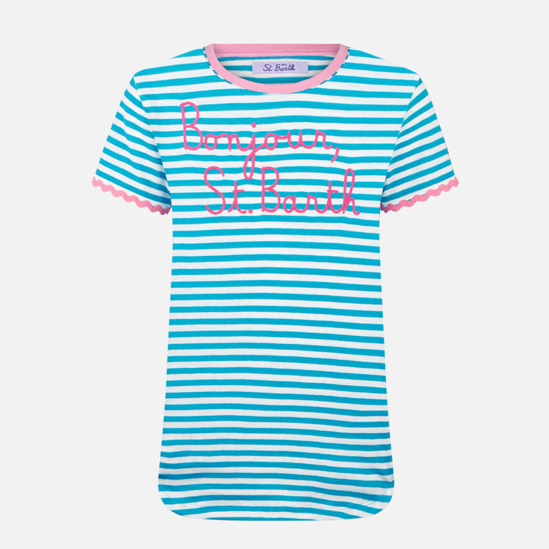 T-shirt da donna in cotone con ricamo Bonjour St. Barth